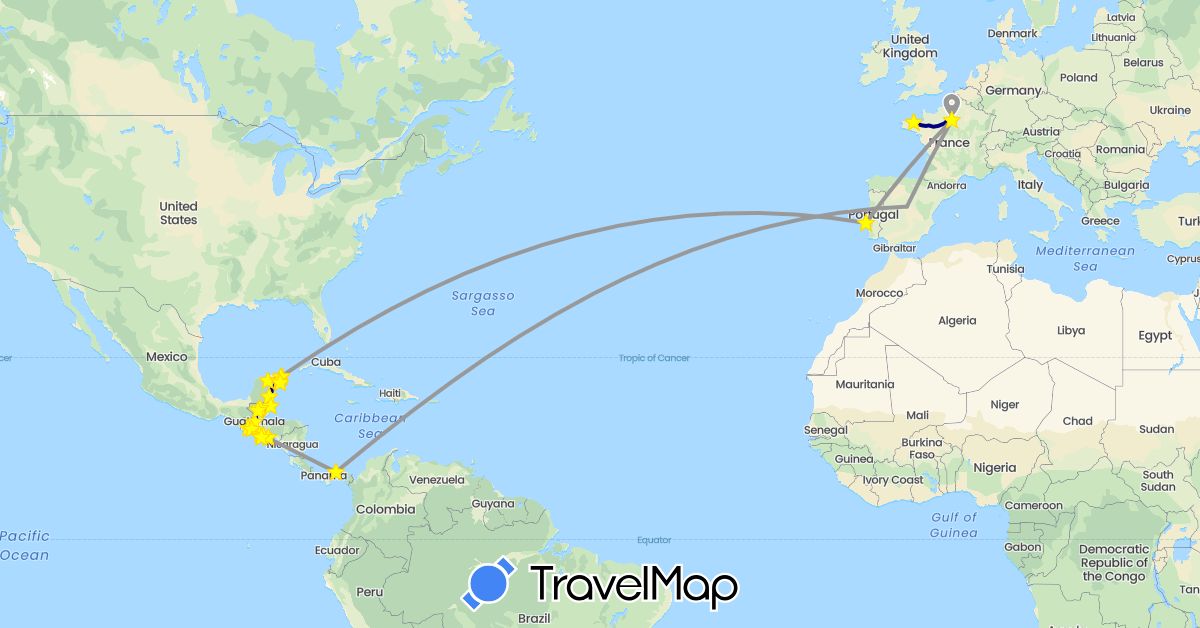 TravelMap itinerary: driving, plane, boat in Belize, Spain, France, Guatemala, Mexico, Panama, Portugal, El Salvador (Europe, North America)